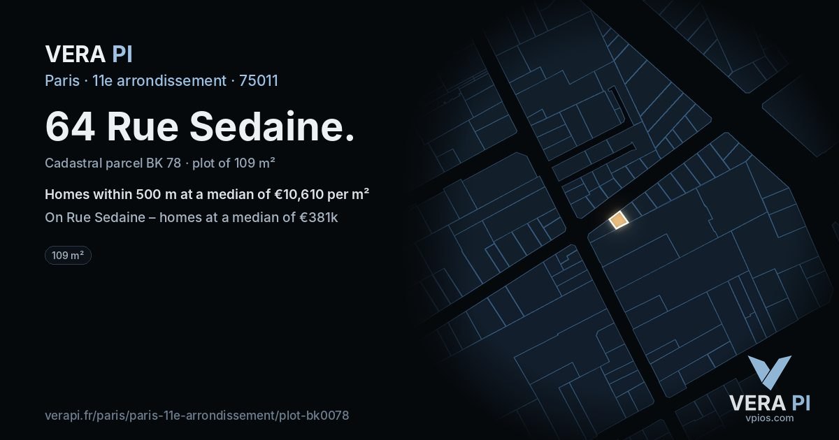 64 Rue Sedaine, 11e arrondissement at night – the plot lit, the parcels around coloured by the prices near them