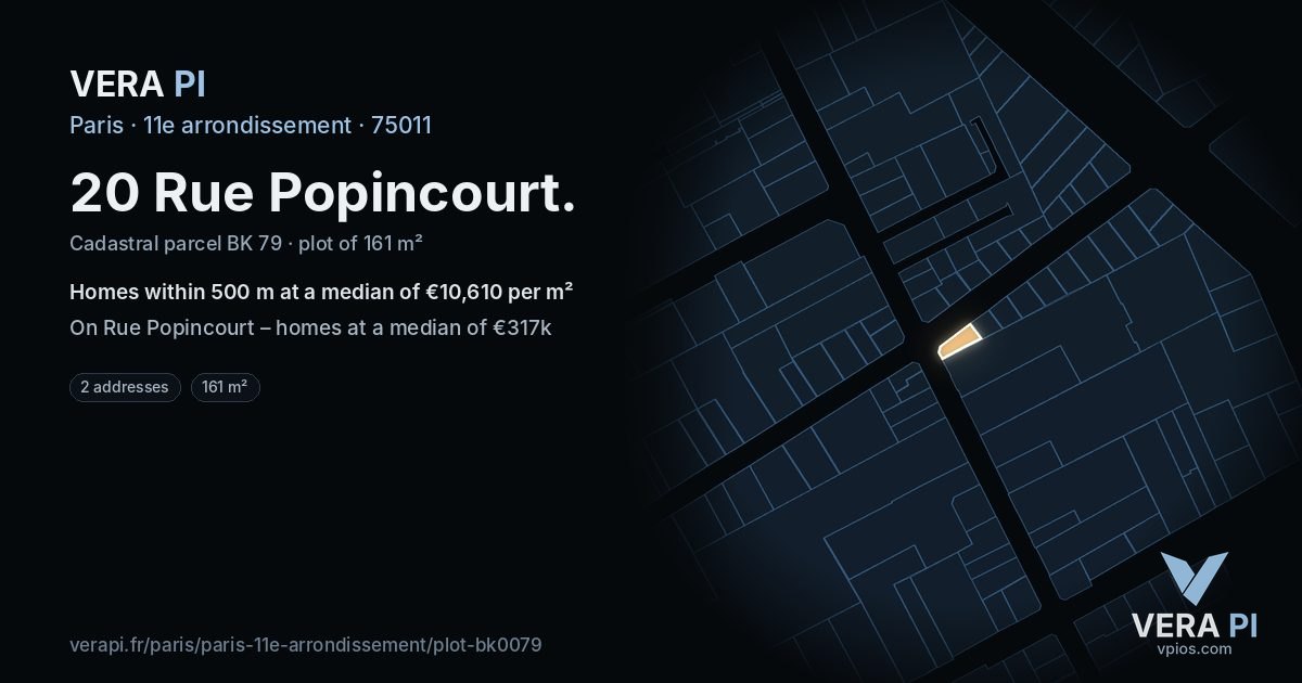 20 Rue Popincourt, 11e arrondissement at night – the plot lit, the parcels around coloured by the prices near them
