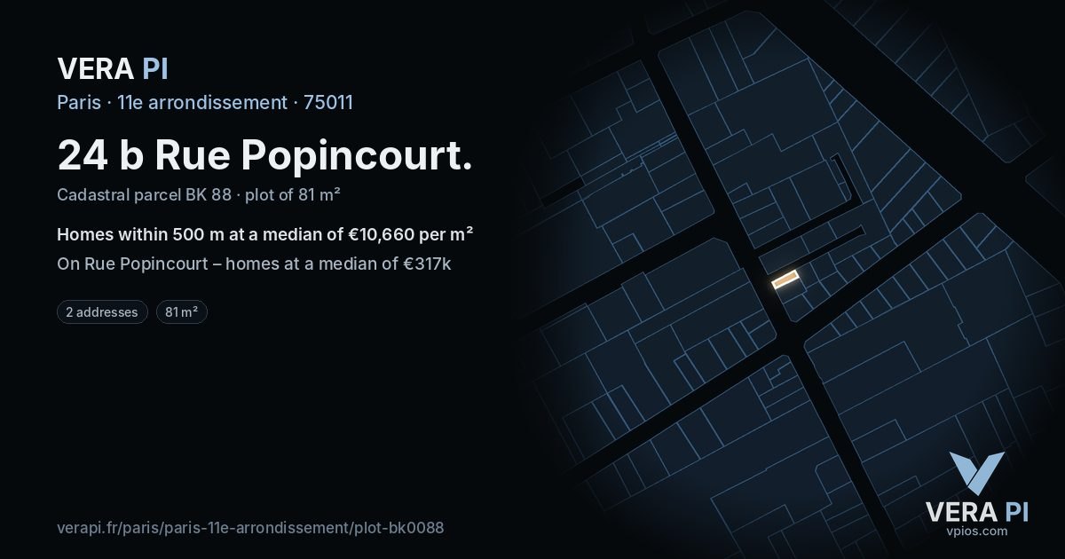 24 b Rue Popincourt, 11e arrondissement at night – the plot lit, the parcels around coloured by the prices near them