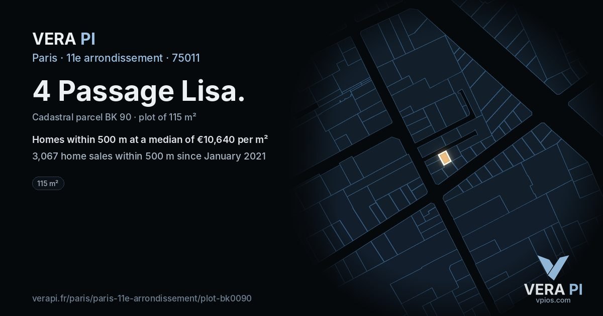 4 Passage Lisa, 11e arrondissement at night – the plot lit, the parcels around coloured by the prices near them