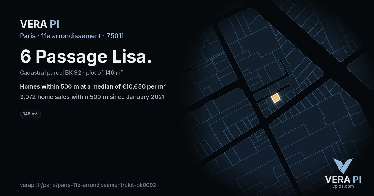 6 Passage Lisa, 11e arrondissement at night – the plot lit, the parcels around coloured by the prices near them