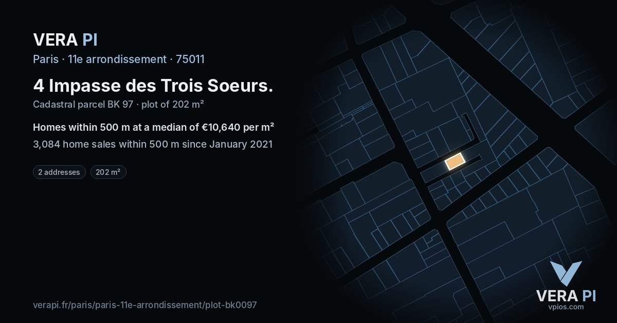 4 Impasse des Trois Soeurs, 11e arrondissement at night – the plot lit, the parcels around coloured by the prices near them