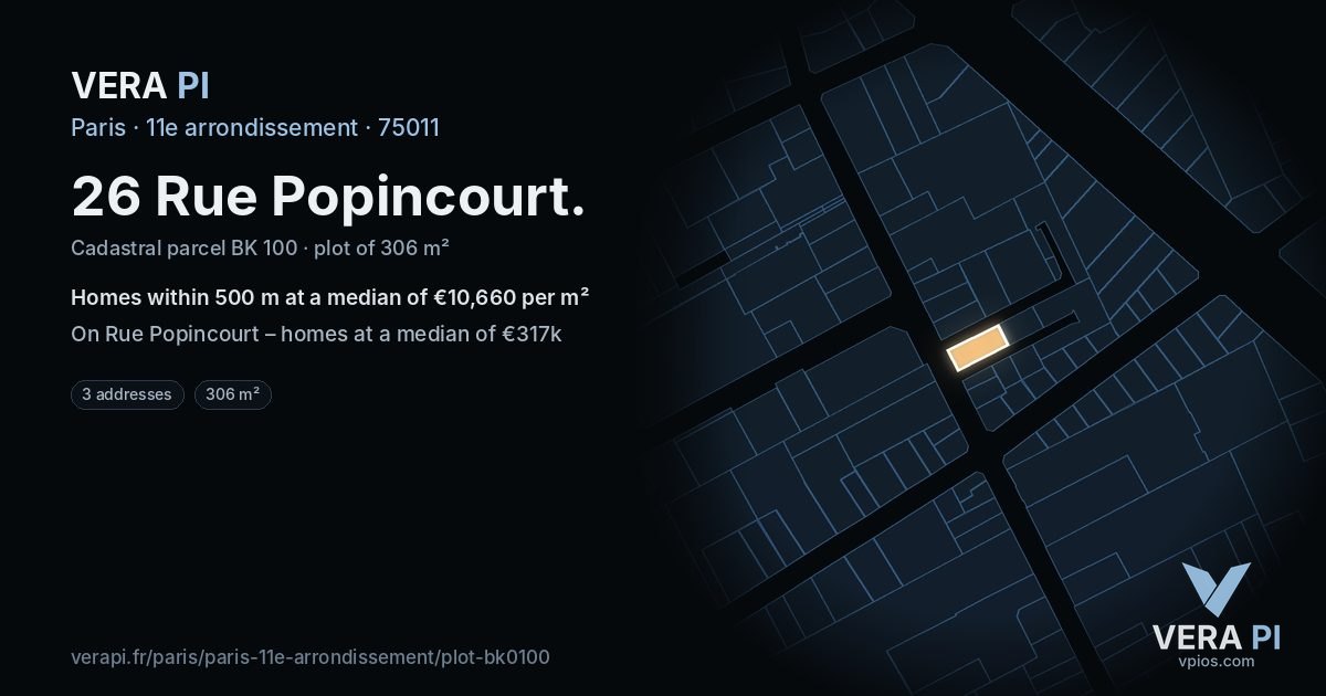 26 Rue Popincourt, 11e arrondissement at night – the plot lit, the parcels around coloured by the prices near them