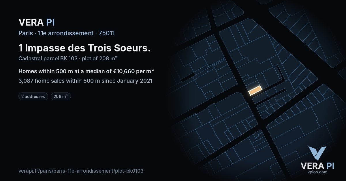 1 Impasse des Trois Soeurs, 11e arrondissement at night – the plot lit, the parcels around coloured by the prices near them