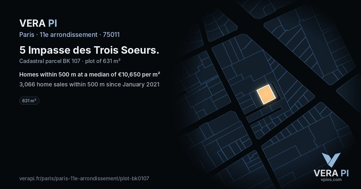 5 Impasse des Trois Soeurs, 11e arrondissement at night – the plot lit, the parcels around coloured by the prices near them