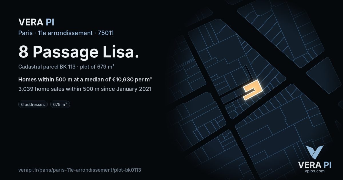 8 Passage Lisa, 11e arrondissement at night – the plot lit, the parcels around coloured by the prices near them
