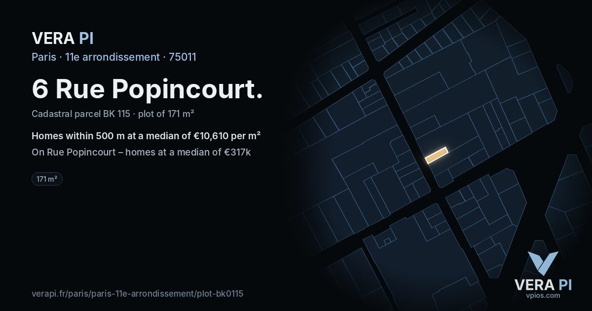 6 Rue Popincourt, 11e arrondissement at night – the plot lit, the parcels around coloured by the prices near them