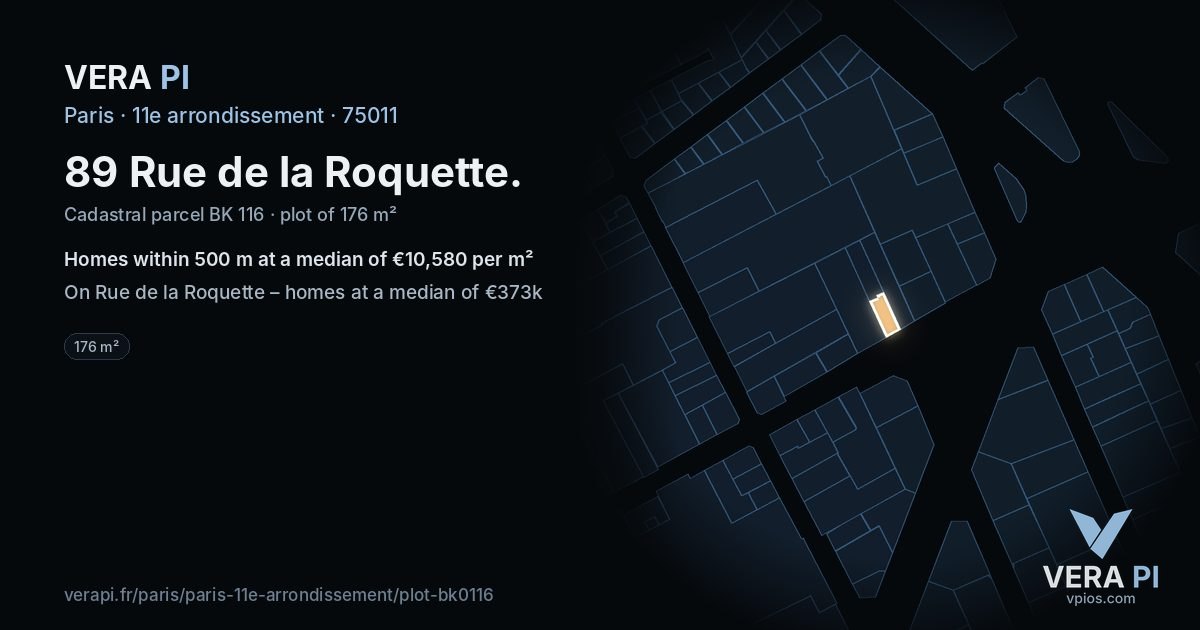 89 Rue de la Roquette, 11e arrondissement at night – the plot lit, the parcels around coloured by the prices near them