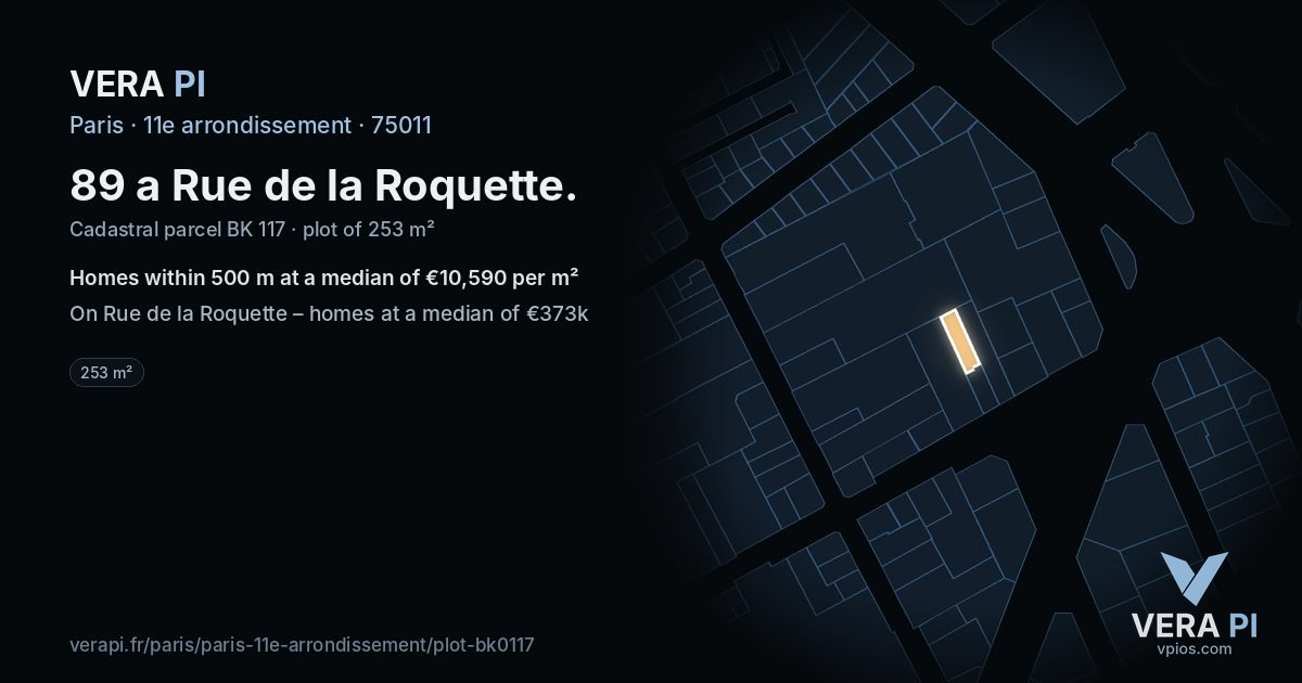 89 a Rue de la Roquette, 11e arrondissement at night – the plot lit, the parcels around coloured by the prices near them