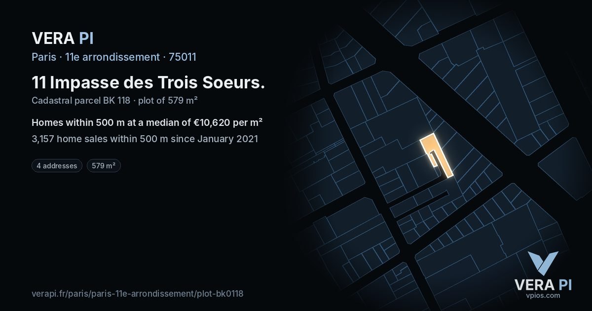 11 Impasse des Trois Soeurs, 11e arrondissement at night – the plot lit, the parcels around coloured by the prices near them