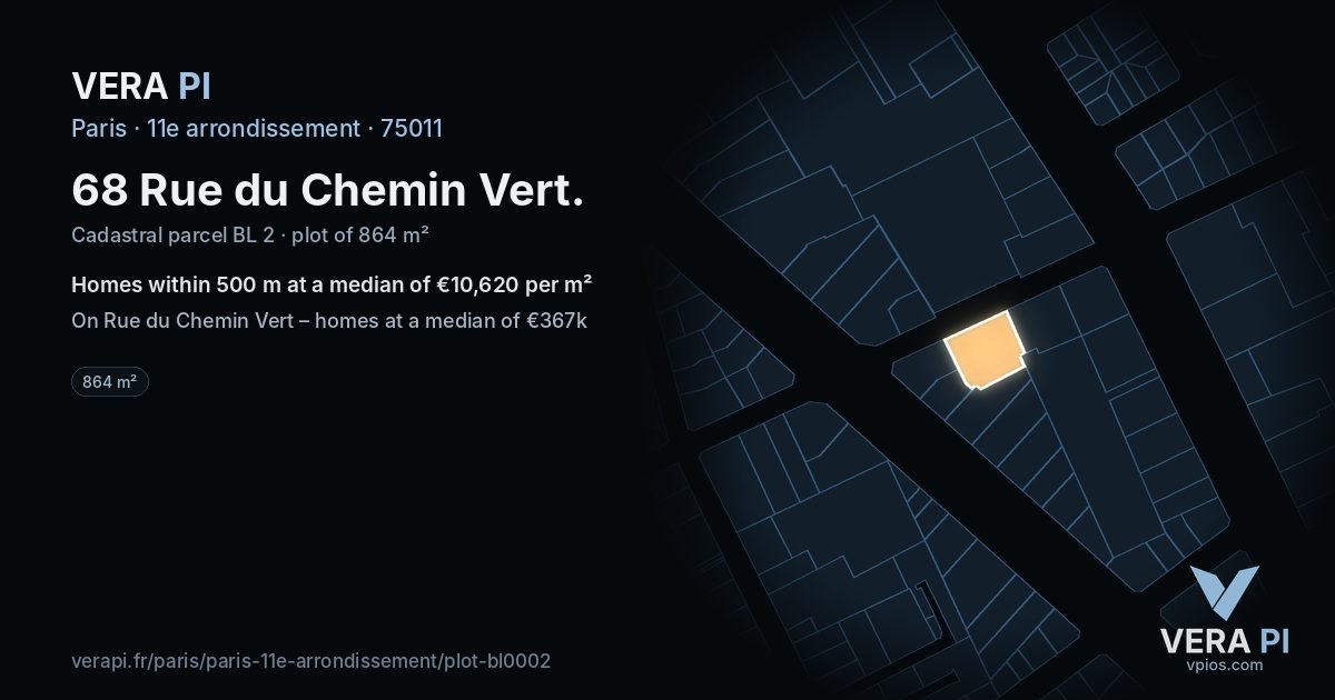 68 Rue du Chemin Vert, 11e arrondissement at night – the plot lit, the parcels around coloured by the prices near them