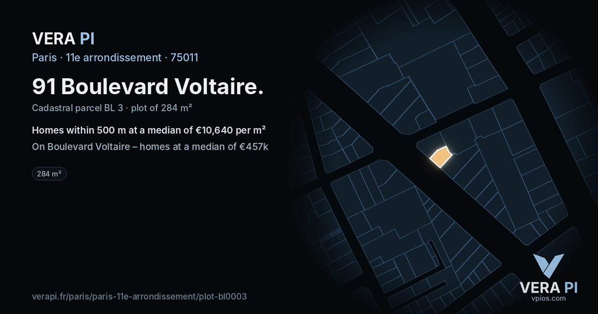 91 Boulevard Voltaire, 11e arrondissement at night – the plot lit, the parcels around coloured by the prices near them
