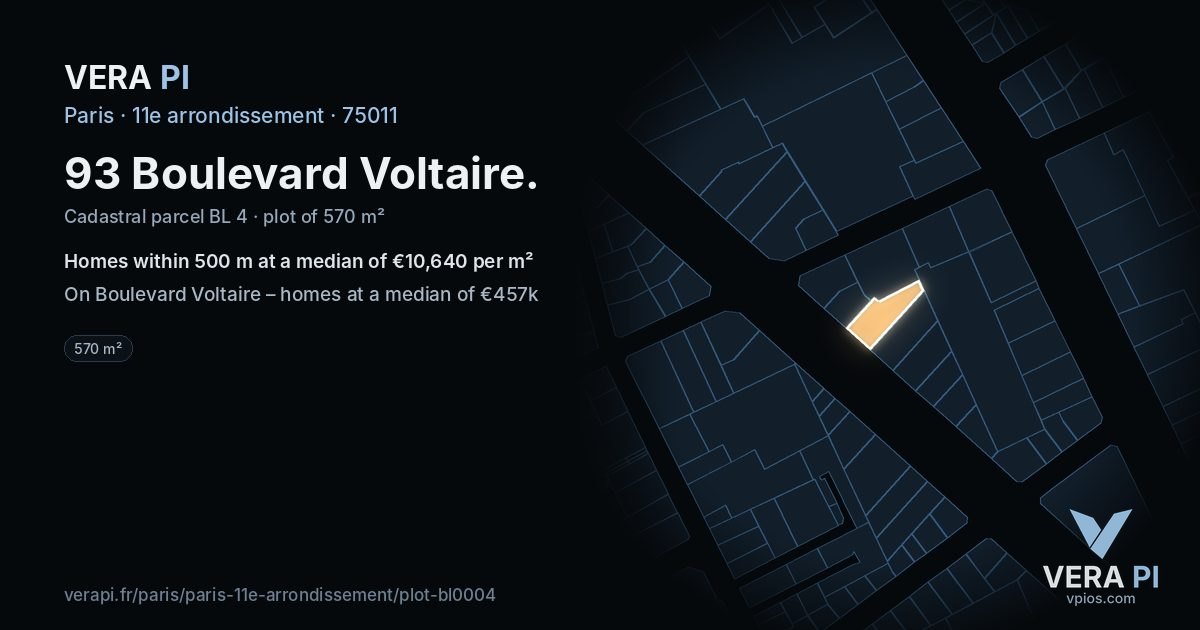 93 Boulevard Voltaire, 11e arrondissement at night – the plot lit, the parcels around coloured by the prices near them