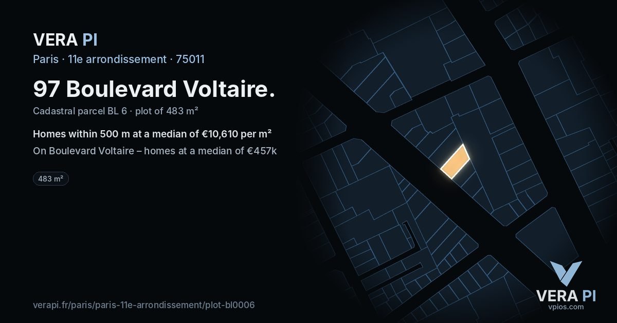 97 Boulevard Voltaire, 11e arrondissement at night – the plot lit, the parcels around coloured by the prices near them