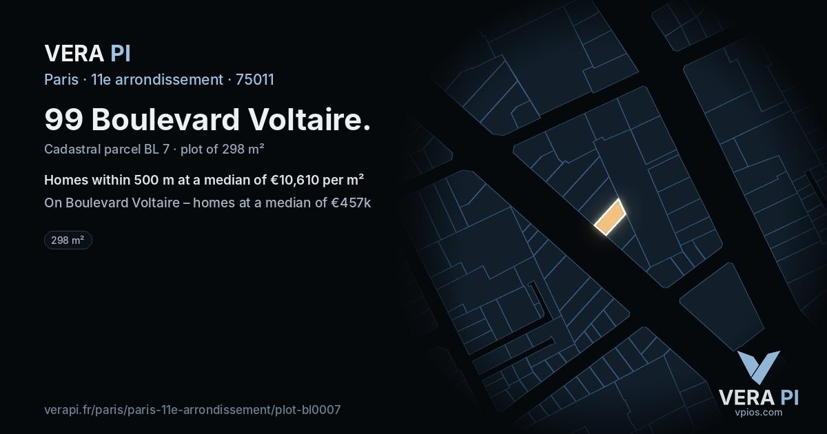 99 Boulevard Voltaire, 11e arrondissement at night – the plot lit, the parcels around coloured by the prices near them