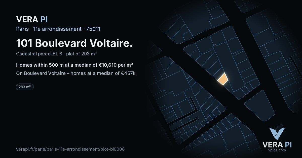 101 Boulevard Voltaire, 11e arrondissement at night – the plot lit, the parcels around coloured by the prices near them