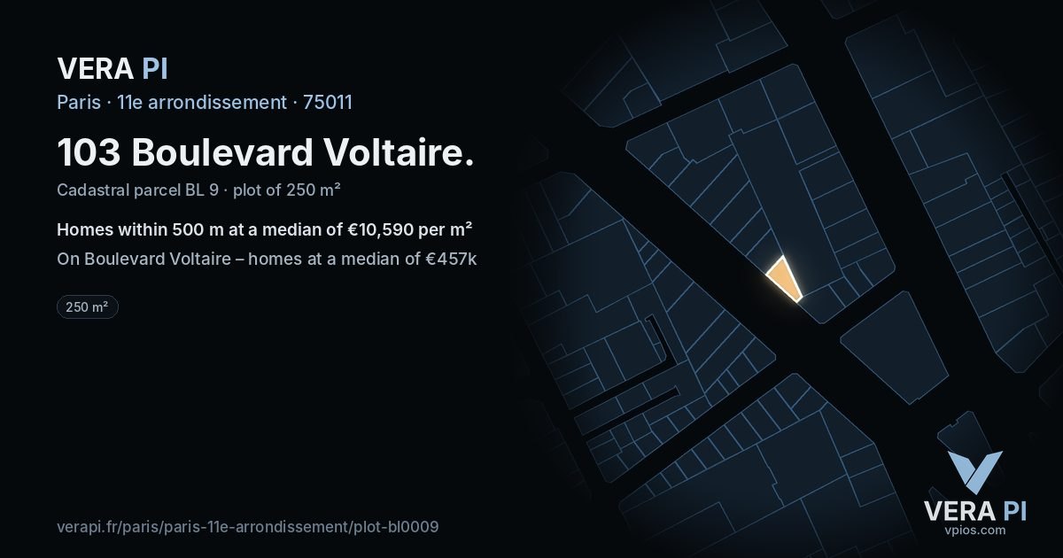 103 Boulevard Voltaire, 11e arrondissement at night – the plot lit, the parcels around coloured by the prices near them