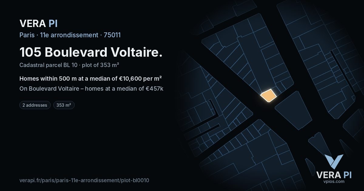 105 Boulevard Voltaire, 11e arrondissement at night – the plot lit, the parcels around coloured by the prices near them
