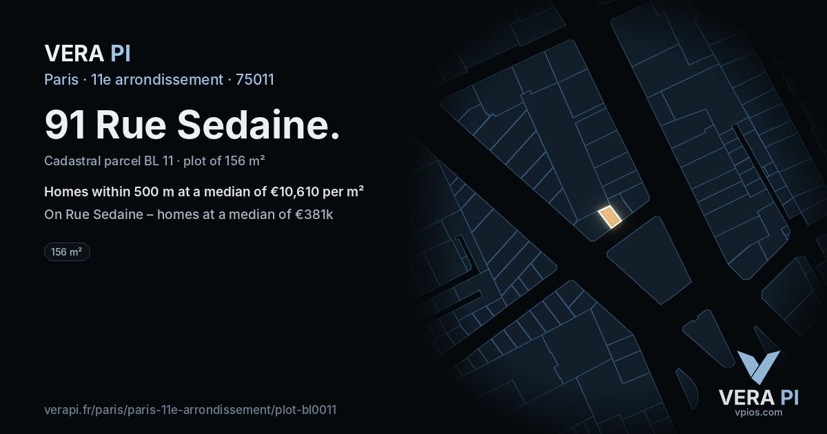 91 Rue Sedaine, 11e arrondissement at night – the plot lit, the parcels around coloured by the prices near them
