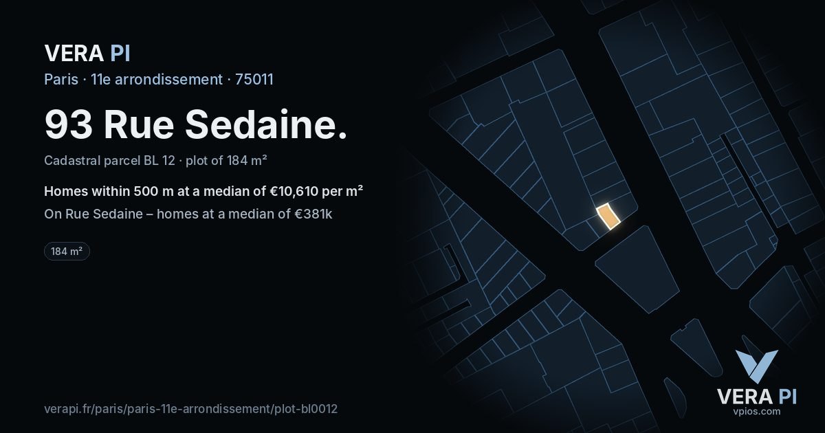 93 Rue Sedaine, 11e arrondissement at night – the plot lit, the parcels around coloured by the prices near them