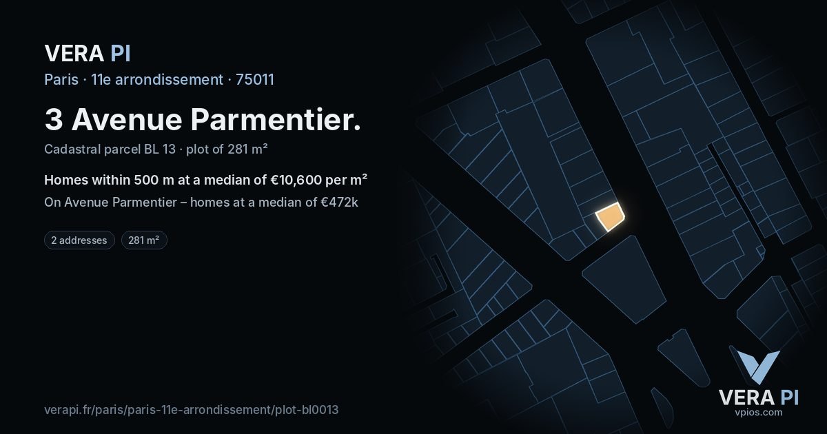 3 Avenue Parmentier, 11e arrondissement at night – the plot lit, the parcels around coloured by the prices near them