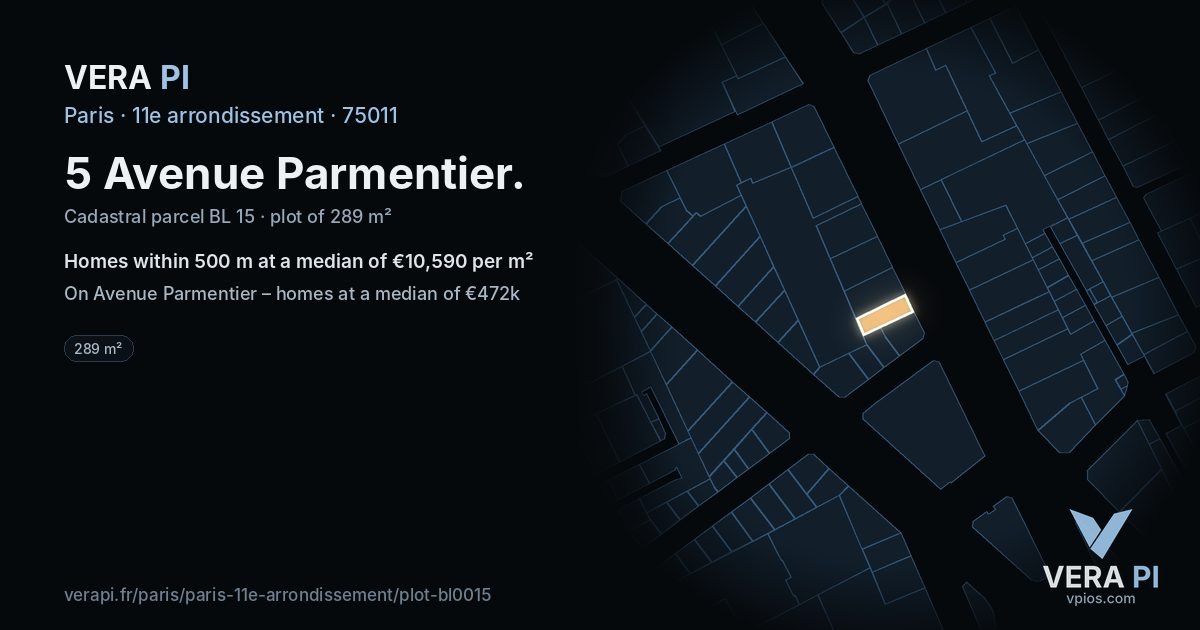 5 Avenue Parmentier, 11e arrondissement at night – the plot lit, the parcels around coloured by the prices near them