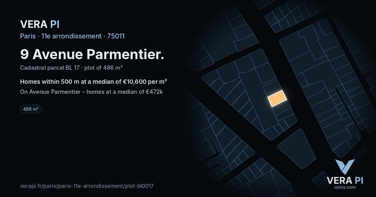 9 Avenue Parmentier, 11e arrondissement at night – the plot lit, the parcels around coloured by the prices near them