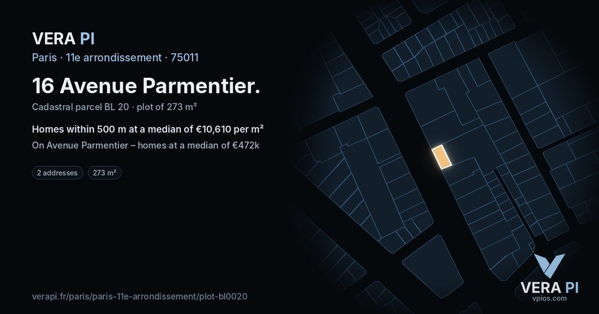 16 Avenue Parmentier, 11e arrondissement at night – the plot lit, the parcels around coloured by the prices near them