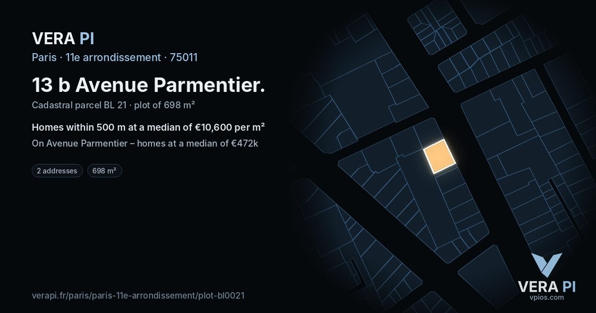 13 b Avenue Parmentier, 11e arrondissement at night – the plot lit, the parcels around coloured by the prices near them