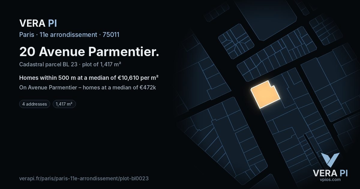 20 Avenue Parmentier, 11e arrondissement at night – the plot lit, the parcels around coloured by the prices near them
