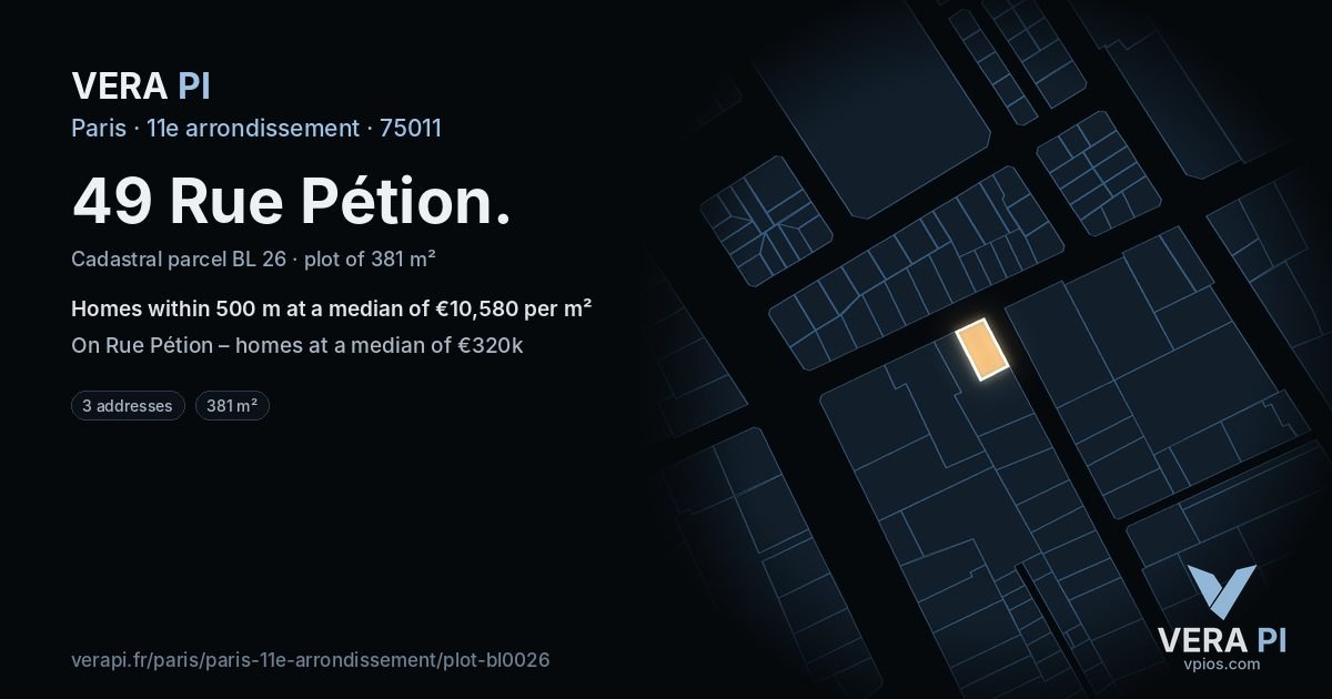 49 Rue Pétion, 11e arrondissement at night – the plot lit, the parcels around coloured by the prices near them
