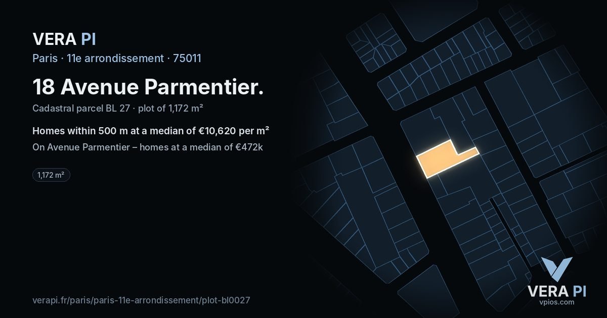 18 Avenue Parmentier, 11e arrondissement at night – the plot lit, the parcels around coloured by the prices near them