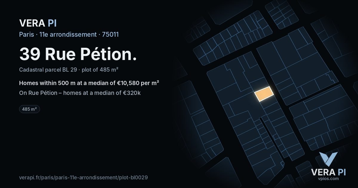 39 Rue Pétion, 11e arrondissement at night – the plot lit, the parcels around coloured by the prices near them