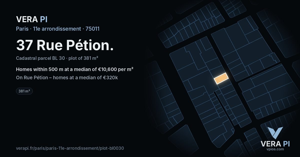 37 Rue Pétion, 11e arrondissement at night – the plot lit, the parcels around coloured by the prices near them