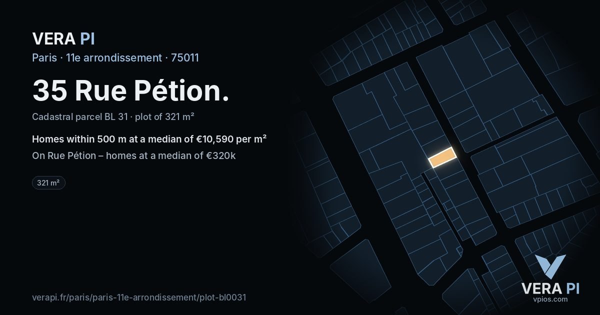 35 Rue Pétion, 11e arrondissement at night – the plot lit, the parcels around coloured by the prices near them