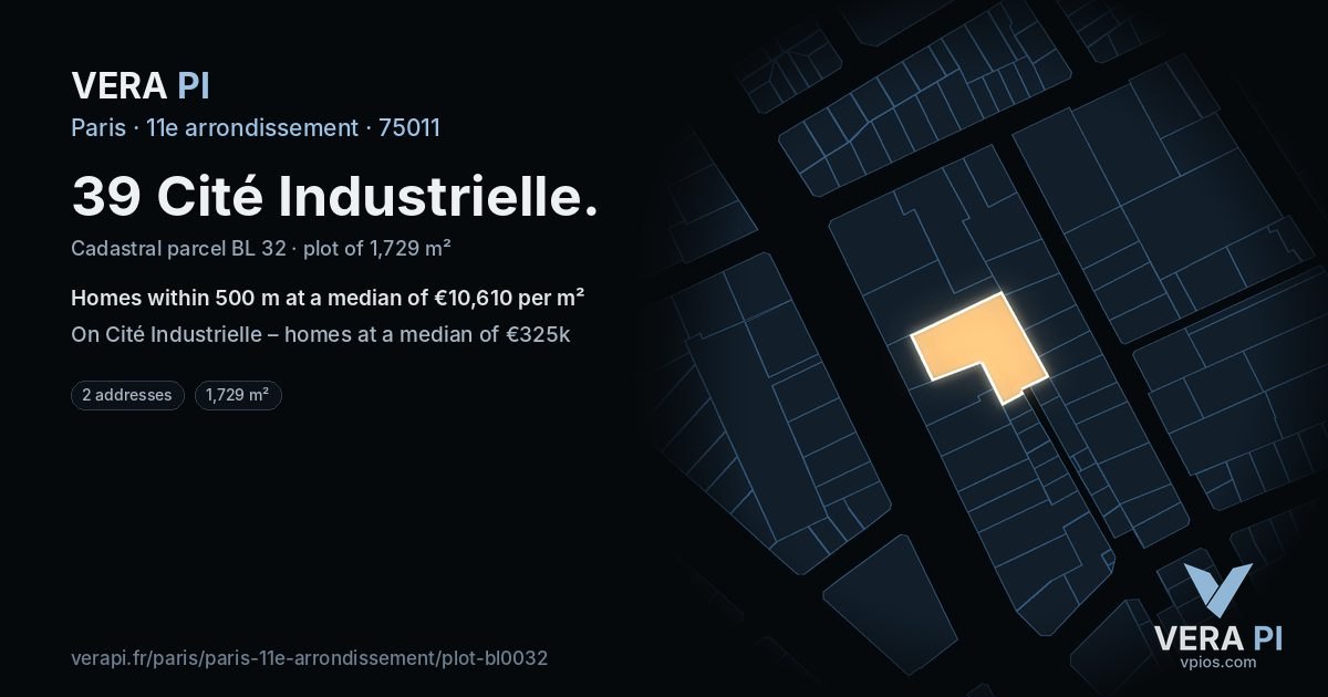 39 Cité Industrielle, 11e arrondissement at night – the plot lit, the parcels around coloured by the prices near them
