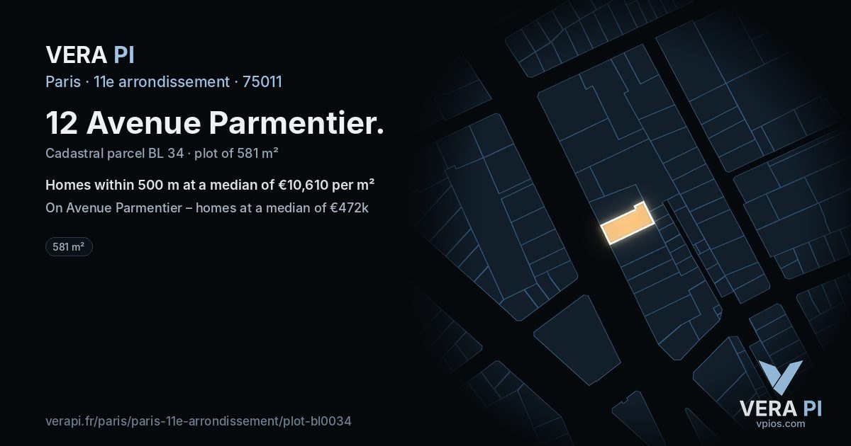 12 Avenue Parmentier, 11e arrondissement at night – the plot lit, the parcels around coloured by the prices near them