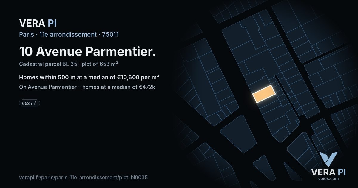 10 Avenue Parmentier, 11e arrondissement at night – the plot lit, the parcels around coloured by the prices near them