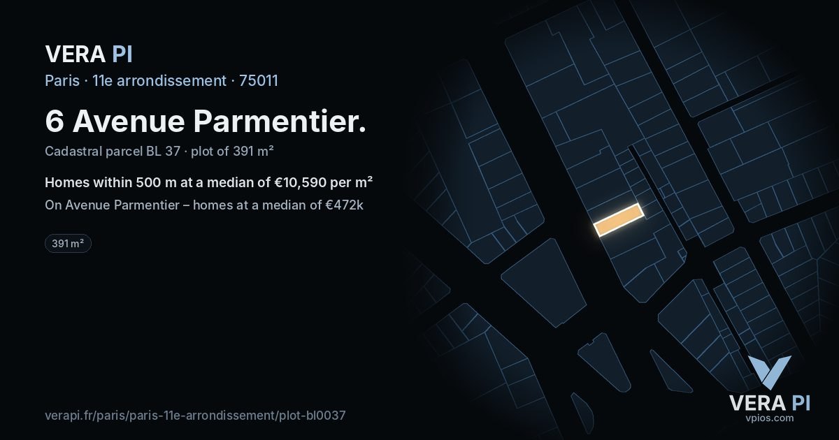 6 Avenue Parmentier, 11e arrondissement at night – the plot lit, the parcels around coloured by the prices near them