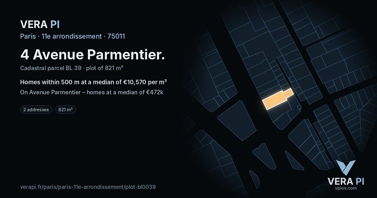 4 Avenue Parmentier, 11e arrondissement at night – the plot lit, the parcels around coloured by the prices near them