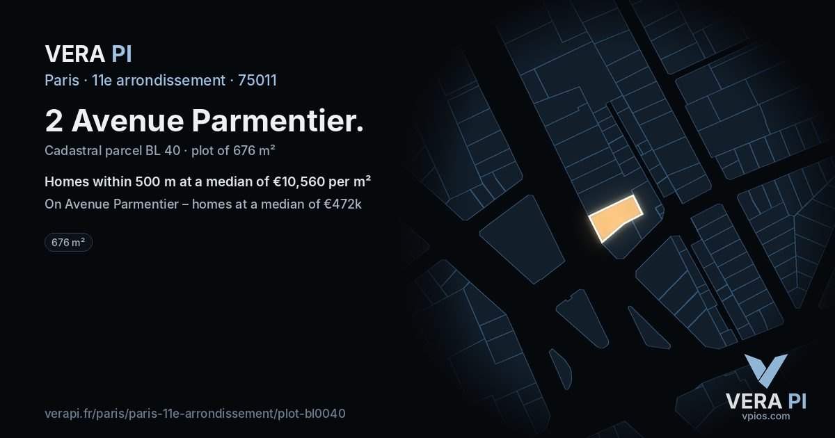 2 Avenue Parmentier, 11e arrondissement at night – the plot lit, the parcels around coloured by the prices near them