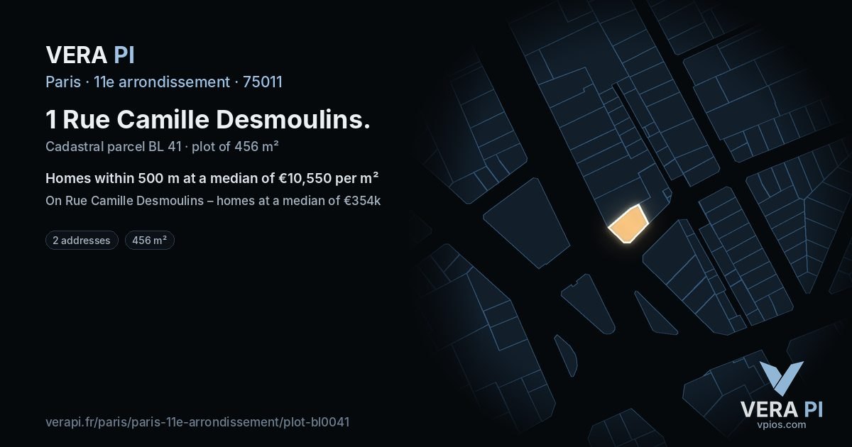 1 Rue Camille Desmoulins, 11e arrondissement at night – the plot lit, the parcels around coloured by the prices near them