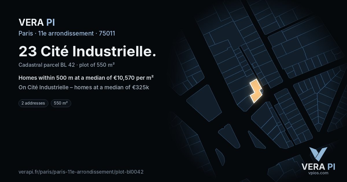 23 Cité Industrielle, 11e arrondissement at night – the plot lit, the parcels around coloured by the prices near them
