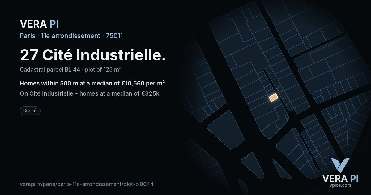 27 Cité Industrielle, 11e arrondissement at night – the plot lit, the parcels around coloured by the prices near them