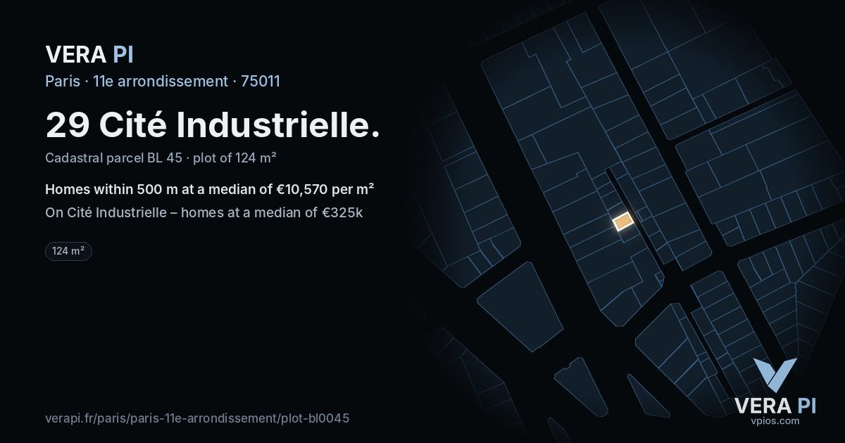 29 Cité Industrielle, 11e arrondissement at night – the plot lit, the parcels around coloured by the prices near them
