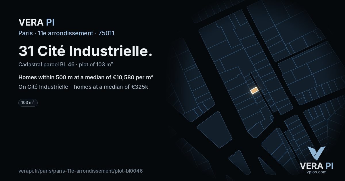 31 Cité Industrielle, 11e arrondissement at night – the plot lit, the parcels around coloured by the prices near them