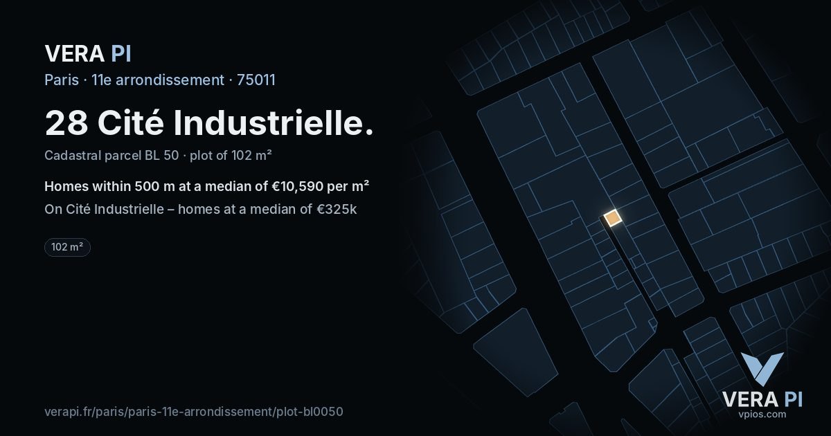 28 Cité Industrielle, 11e arrondissement at night – the plot lit, the parcels around coloured by the prices near them