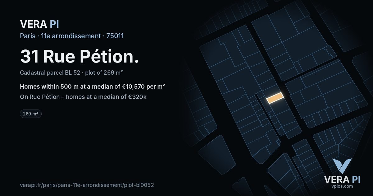 31 Rue Pétion, 11e arrondissement at night – the plot lit, the parcels around coloured by the prices near them