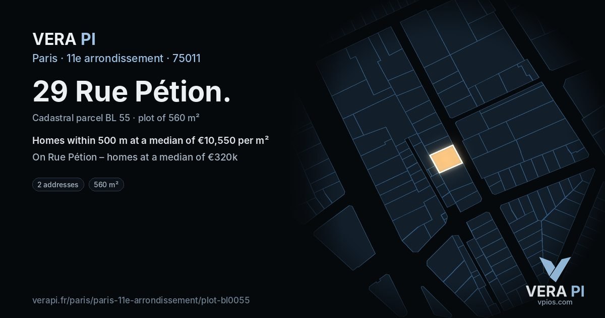 29 Rue Pétion, 11e arrondissement at night – the plot lit, the parcels around coloured by the prices near them