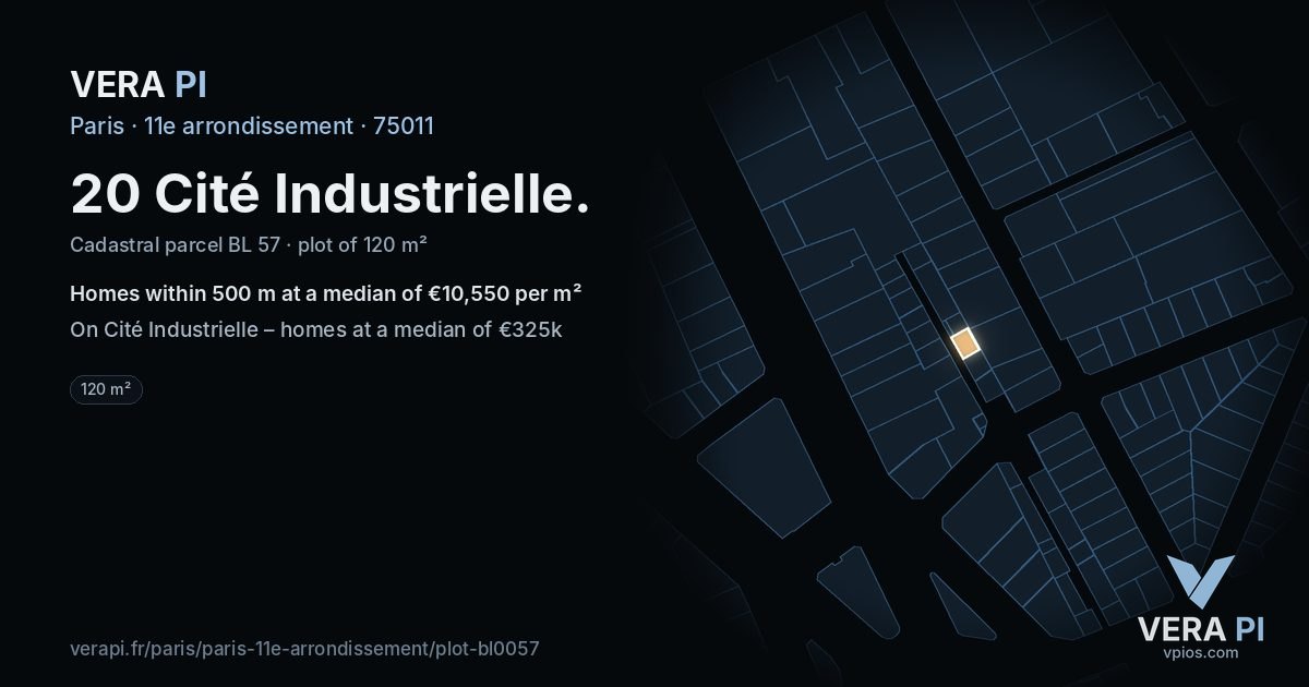 20 Cité Industrielle, 11e arrondissement at night – the plot lit, the parcels around coloured by the prices near them